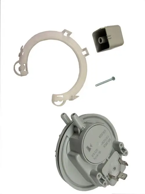 BOSCH Differenzdruckschalter bestehend aus einem runden Gehäuse mit zwei Anschlüssen, einer Halterung, einem Anschlussstecker und einer Schraube.